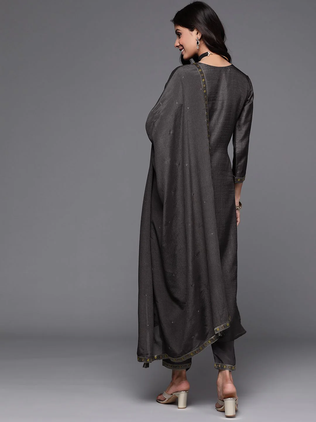 Libas Women Charcoal Grey & Mustard Yellow Ethnic Zari Straight Kurta Trousers Dupatta - Image 6