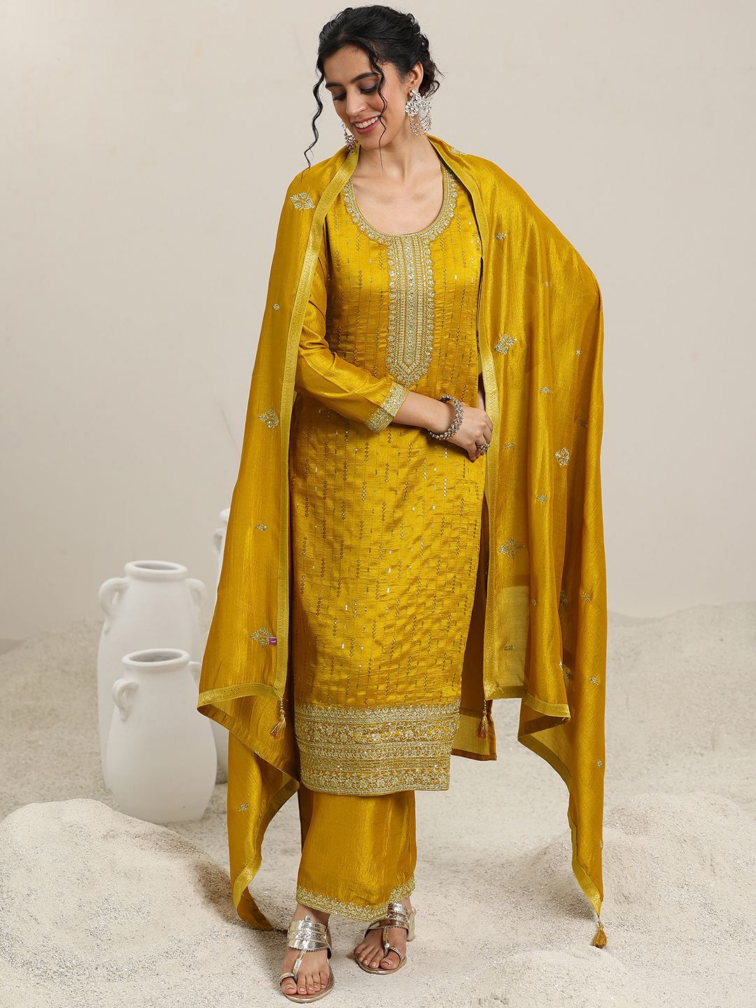 Libas Women Ethnic Motifs Embroidered Regular Sequinned Kurta with Palazzos & With Dupatta - Image 3