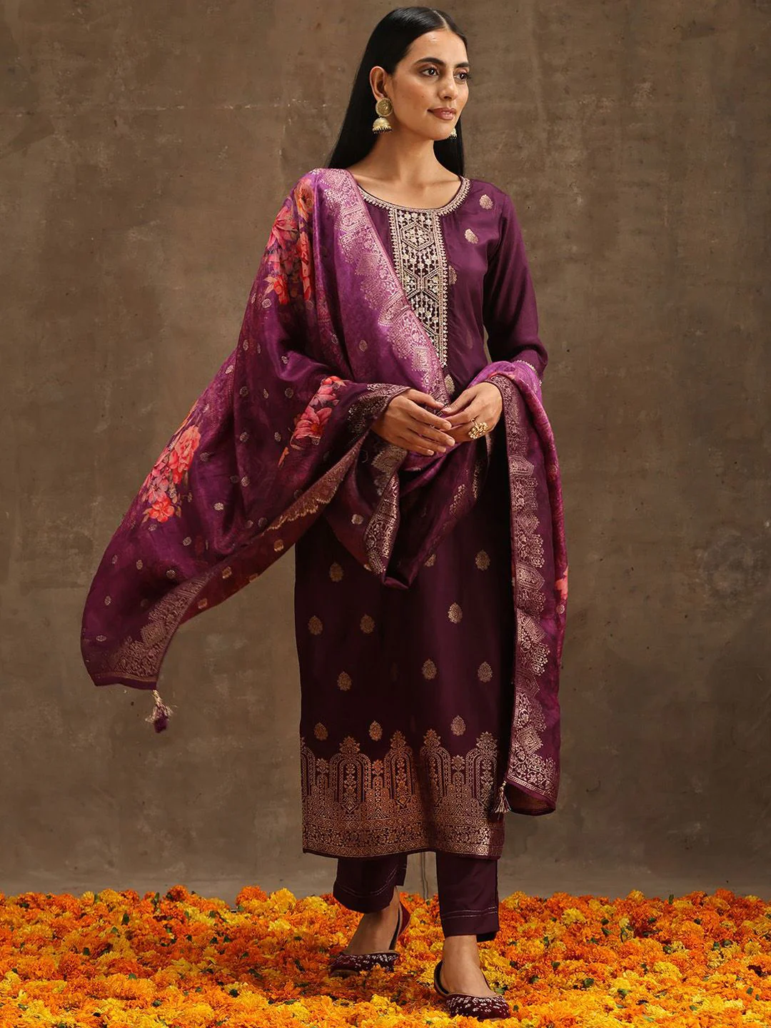 Libas Women Floral Embroidered Regular Pure Silk Kurta with Trousers & With Dupatta - Image 2