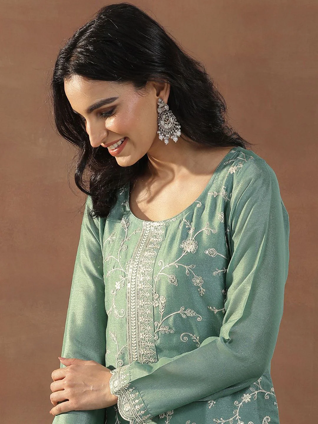 Libas Women Floral Embroidered Regular Sequinned Kurta with Trousers & With Dupatta - Image 6