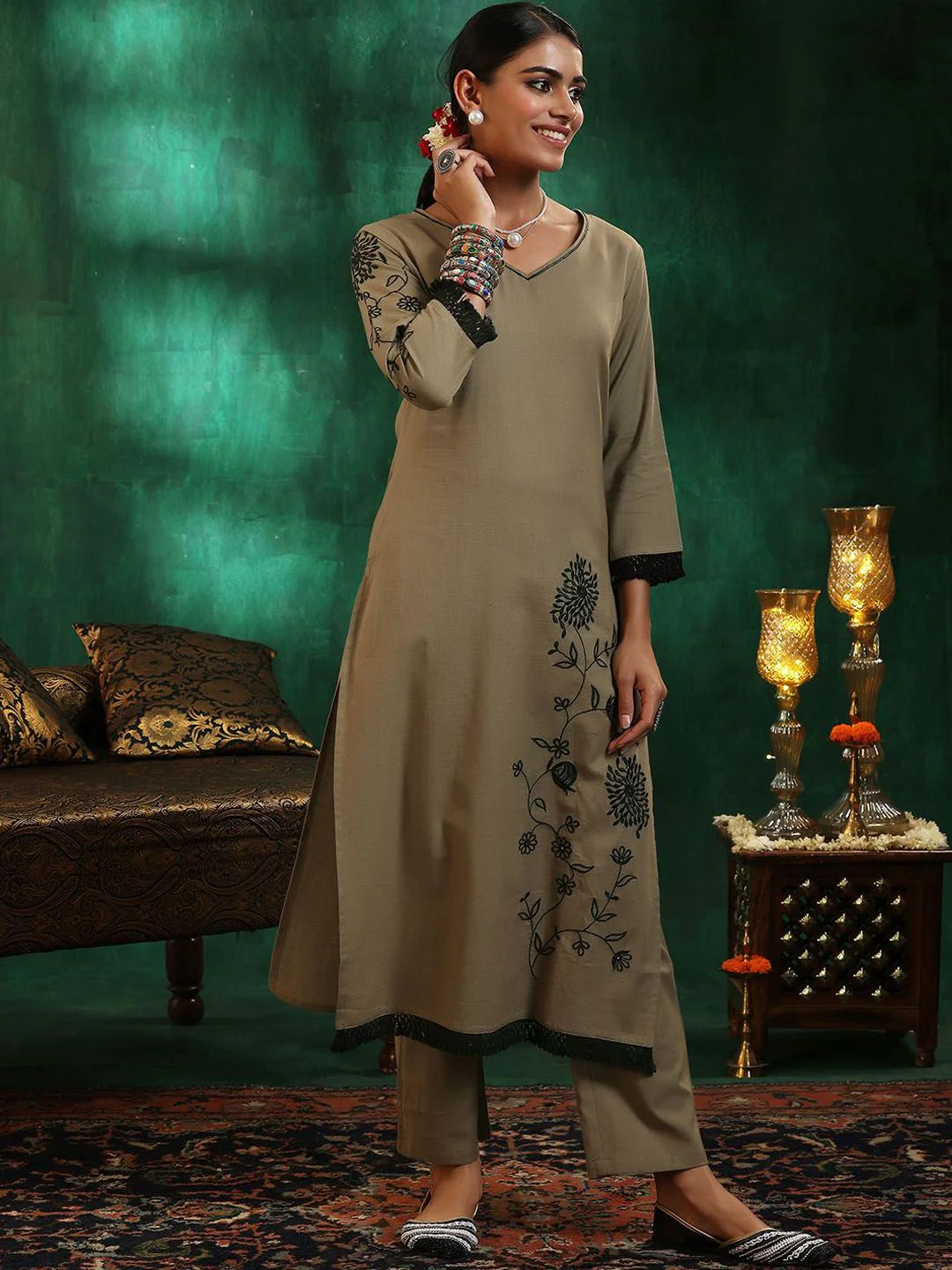 Libas Women Floral Embroidered Regular Thread Work Pure Cotton Kurta with Trousers & With Dupatta - Image 3