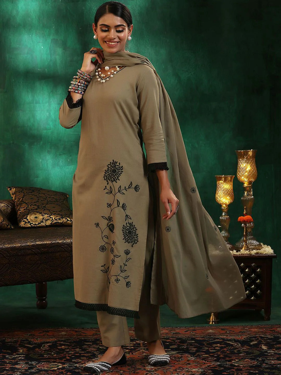 Libas Women Floral Embroidered Regular Thread Work Pure Cotton Kurta with Trousers & With Dupatta - Image 5