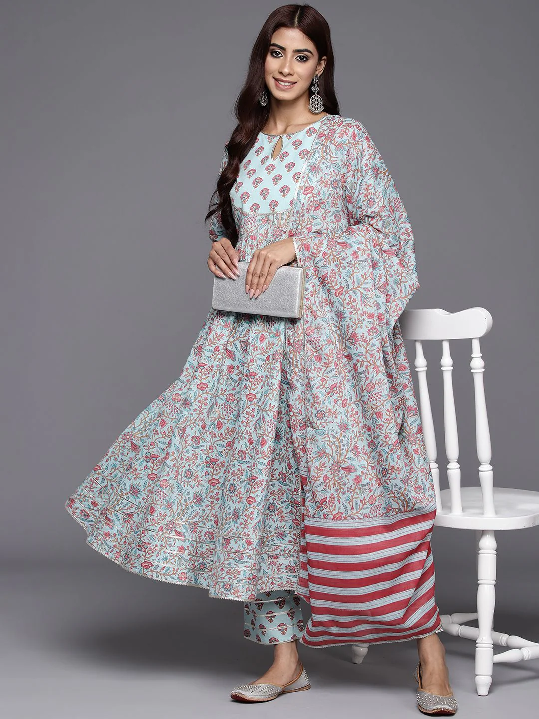 Libas Women Floral Printed Pleated Gotta Patti Pure Cotton Kurta with Trousers & Dupatta
