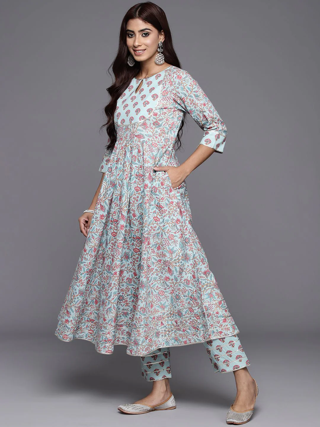 Libas Women Floral Printed Pleated Gotta Patti Pure Cotton Kurta with Trousers & Dupatta - Image 6