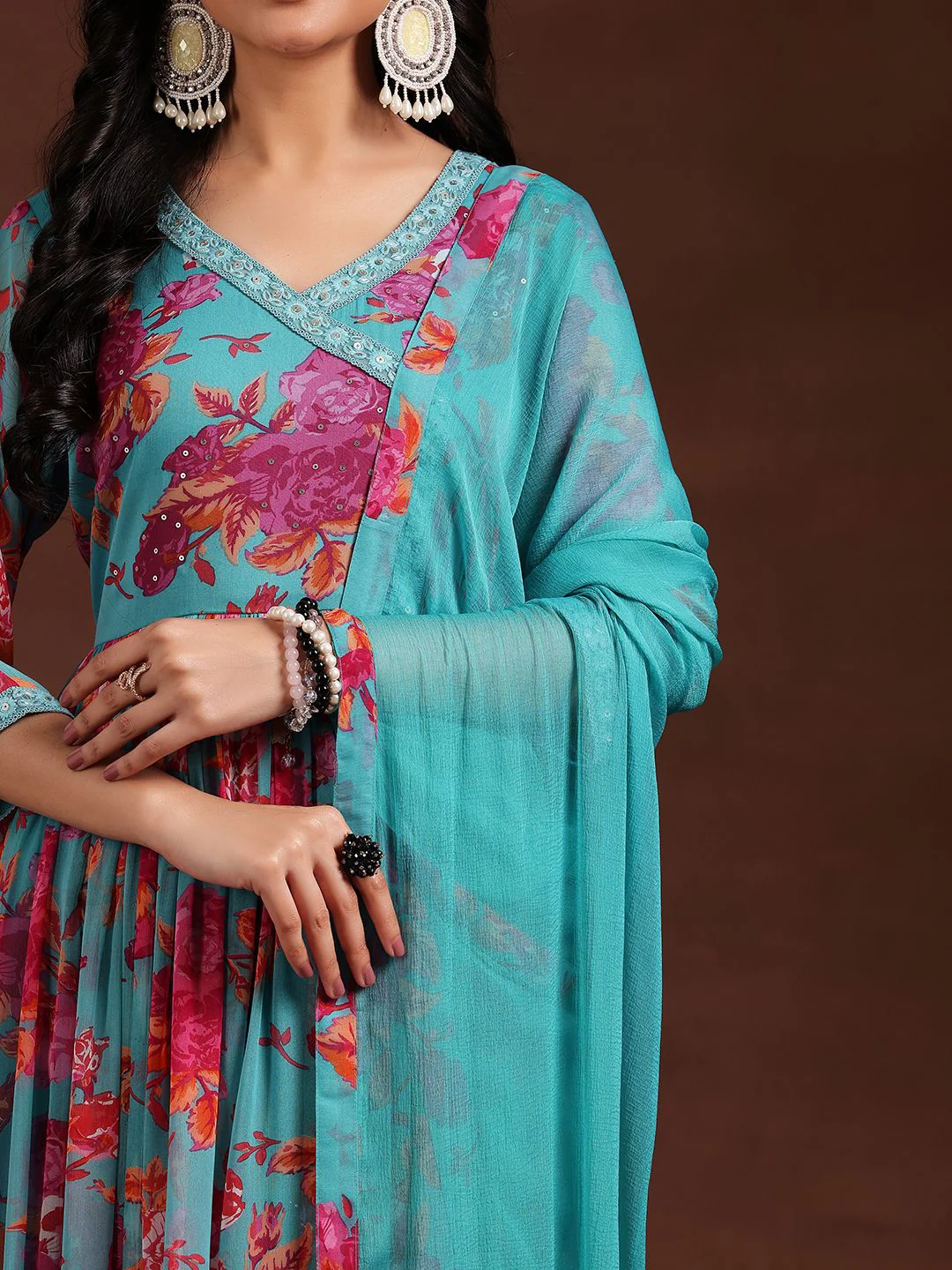 Libas Women Floral Printed Pleated Sequinned Kurta with Trousers & With Dupatta - Image 7
