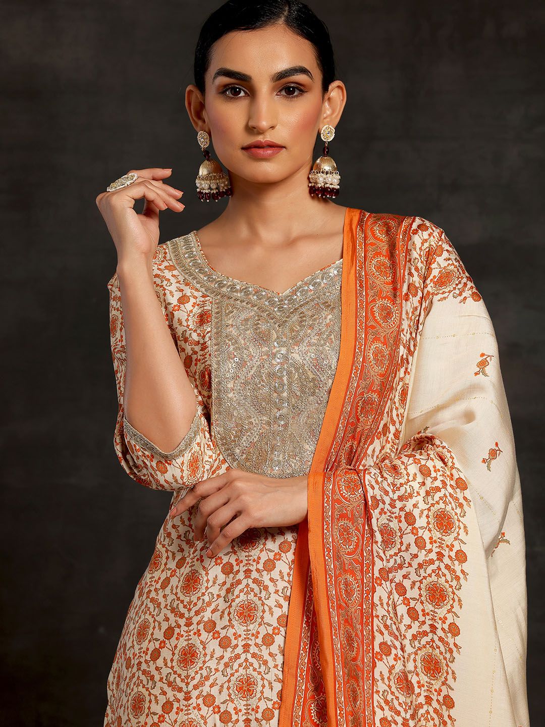 Libas Women Floral Printed Regular Sequinned Kurta with Palazzos & With Dupatta - Image 2