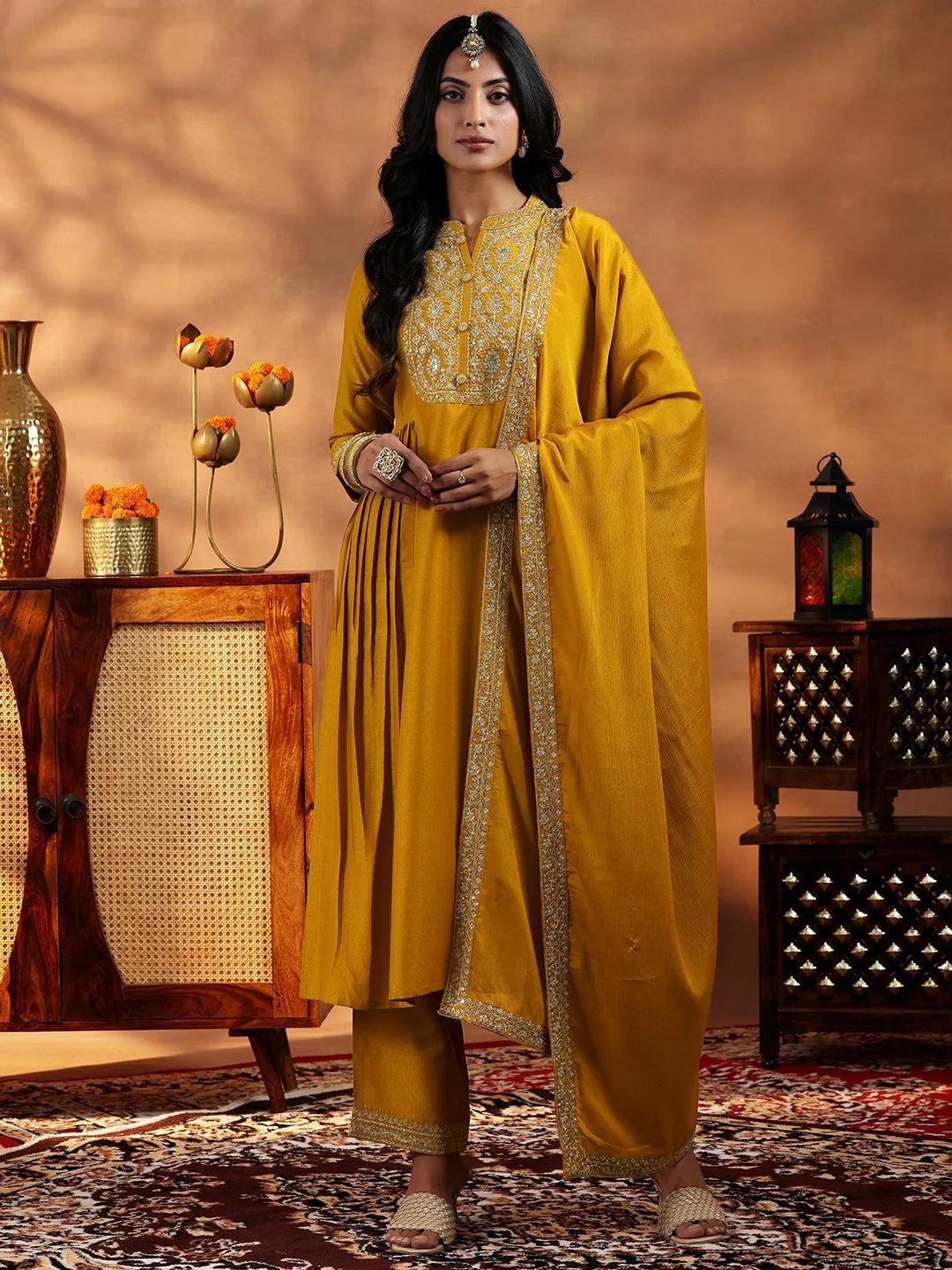 Libas Women Floral Yoke Design Panelled Kurta with Palazzos & With Dupatta