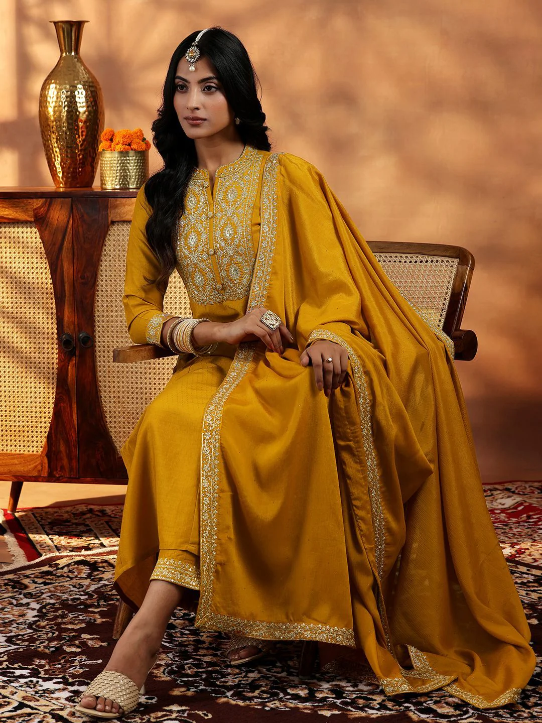 Libas Women Floral Yoke Design Panelled Kurta with Palazzos & With Dupatta - Image 6