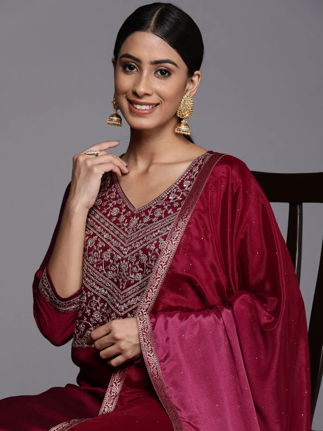 Libas Women Fuchsia Floral Yoke Design Kurta with Sharara & With Dupatta - Image 2