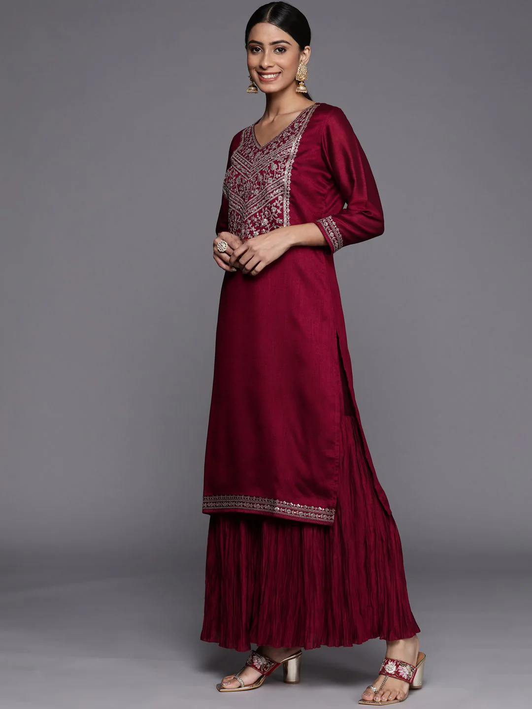 Libas Women Fuchsia Floral Yoke Design Kurta with Sharara & With Dupatta - Image 6