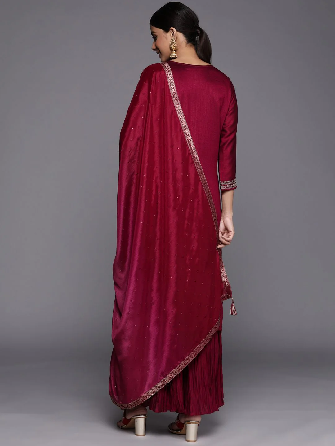 Libas Women Fuchsia Floral Yoke Design Kurta with Sharara & With Dupatta - Image 7