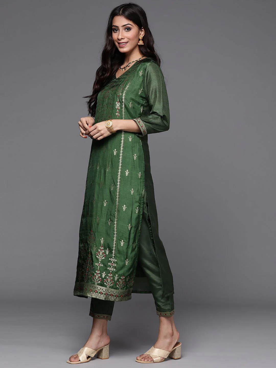 Libas Women Green & Gold Zari Woven Design Straight Kurta with Trousers & With Dupatta - Image 4