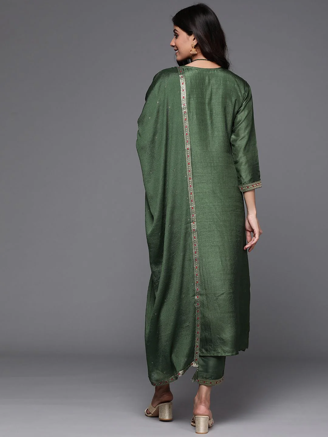 Libas Women Green & Gold Zari Woven Design Straight Kurta with Trousers & With Dupatta - Image 6
