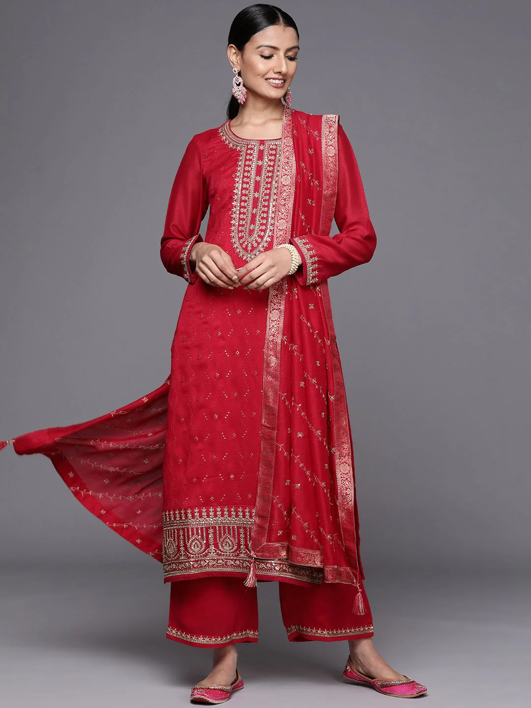 Libas Women Magenta Floral Embroidered Kurta with Palazzos & Dupatta - Image 4