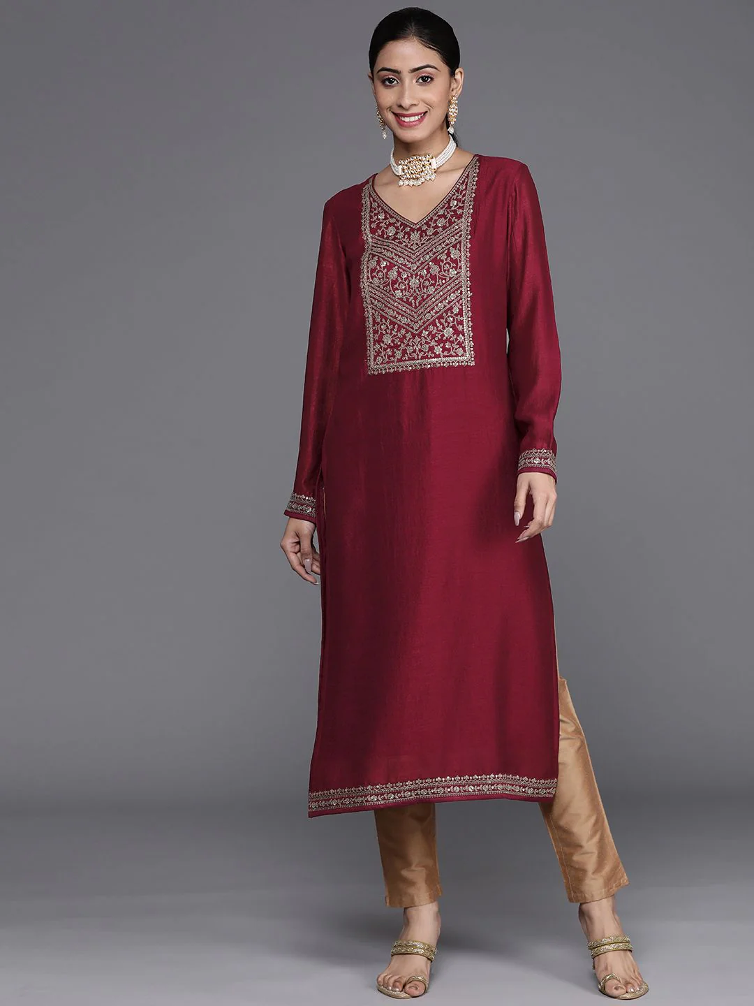Libas Women Maroon Ethnic Motifs Embroidered Embellished Yoke Design Kurta - Image 5