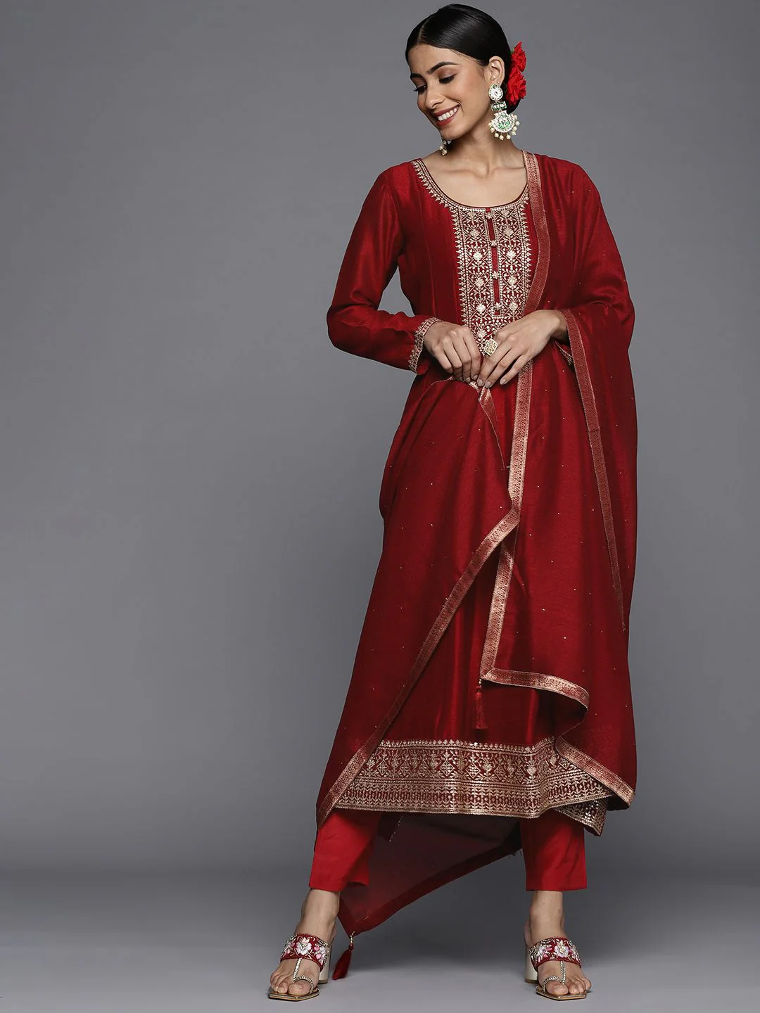 Libas Womens Maroon Yoke Design Anarkali Kurta With Churidar & Dupatta