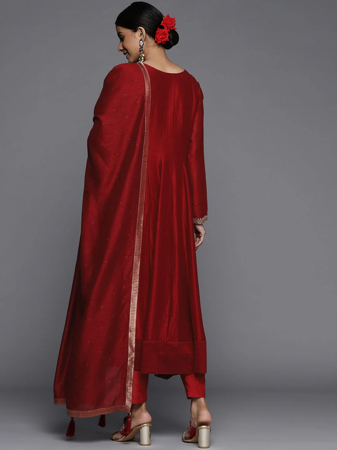 Libas Womens Maroon Yoke Design Anarkali Kurta With Churidar & Dupatta - Image 6