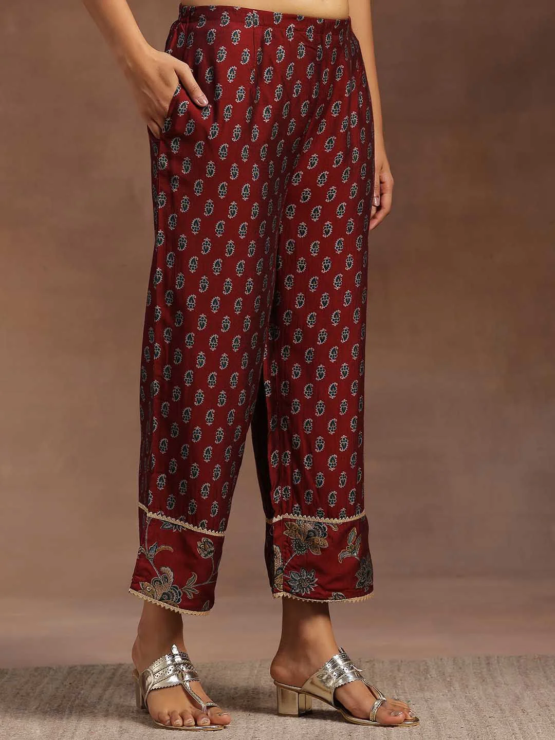 Libas Women Maroon & Green Floral Print Kurta with Palazzos & Dupatta - Image 3