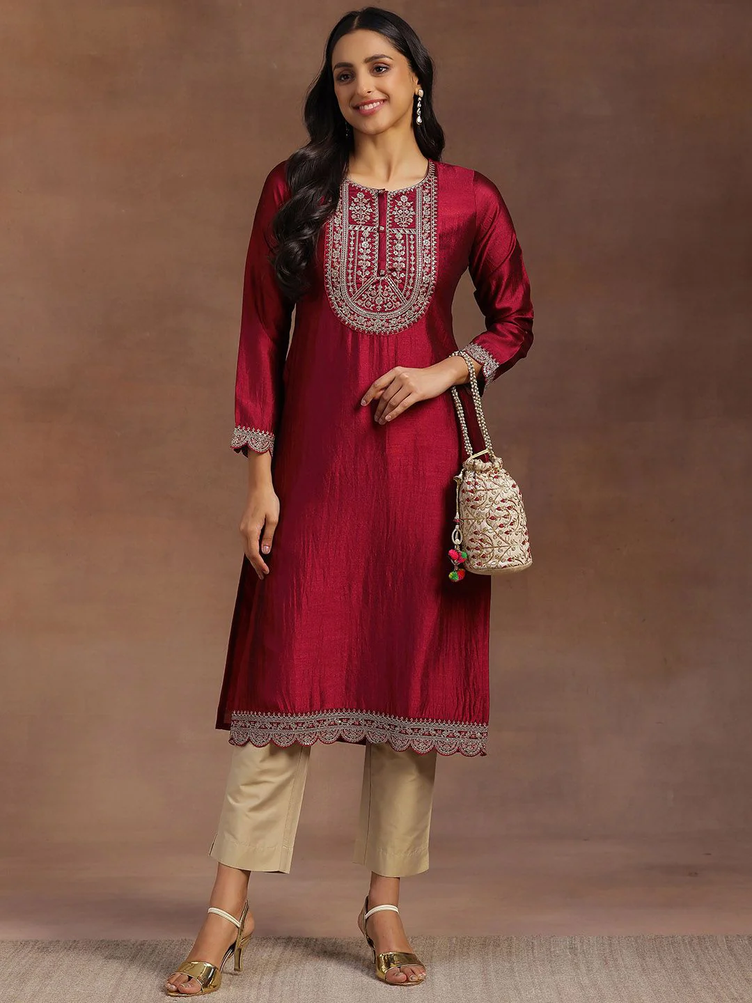 Libas Women Maroon Yoke Design Embellished Kurta - Image 5