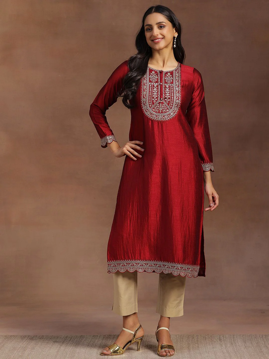 Libas Women Maroon Yoke Design Embellished Kurta - Image 9