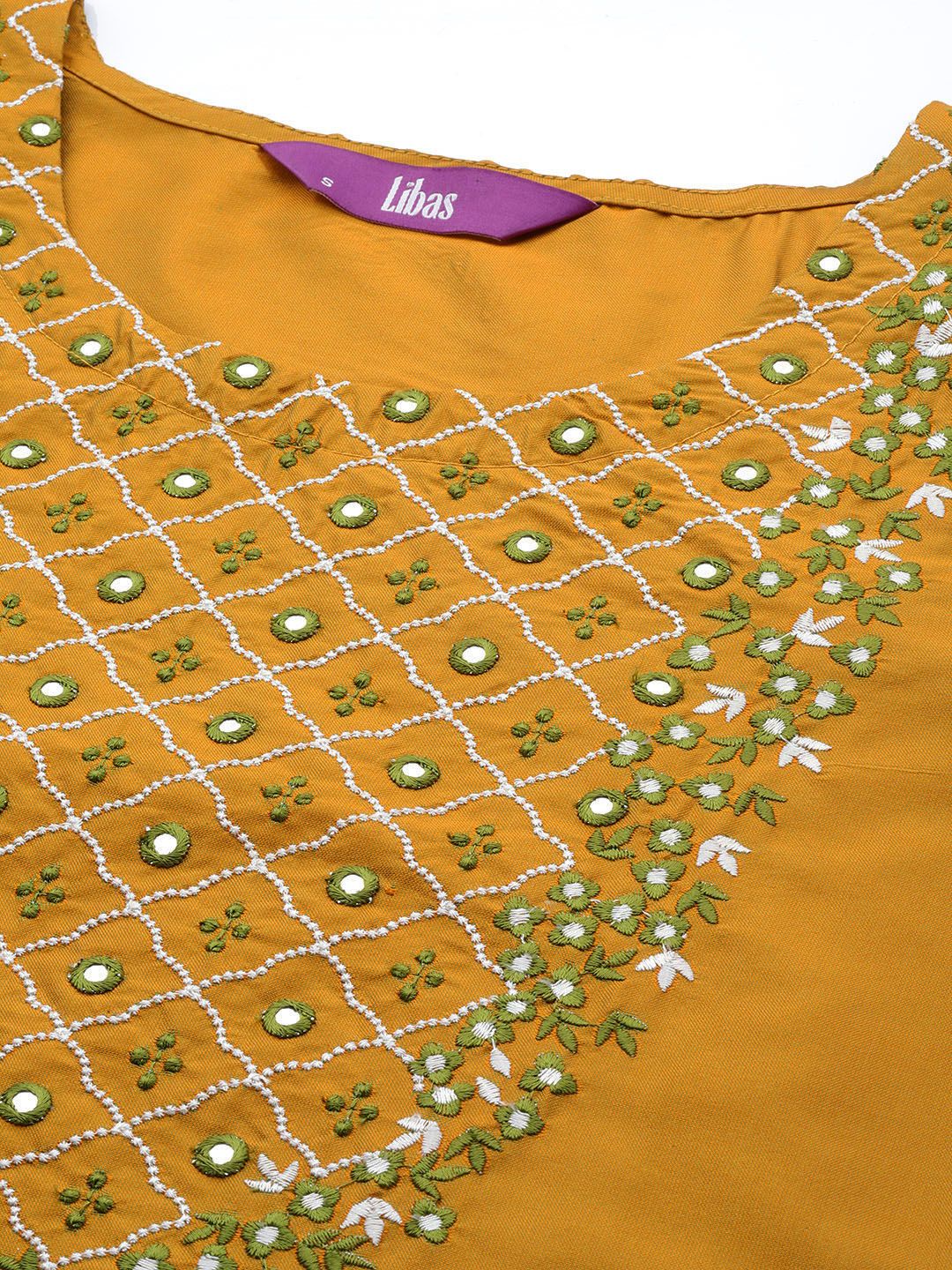 Libas Women Mustard Yellow Floral Yoke Design Mirror Work Kurta with Trousers & With Dupatta - Image 2