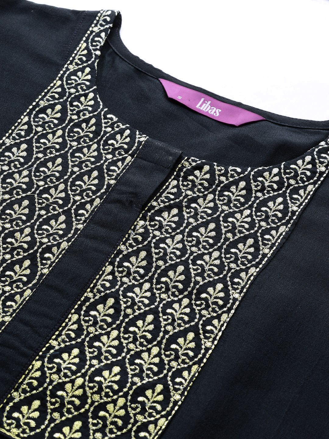 Libas Women Navy Blue Ethnic Motifs Yoke Design Kurta - Image 2