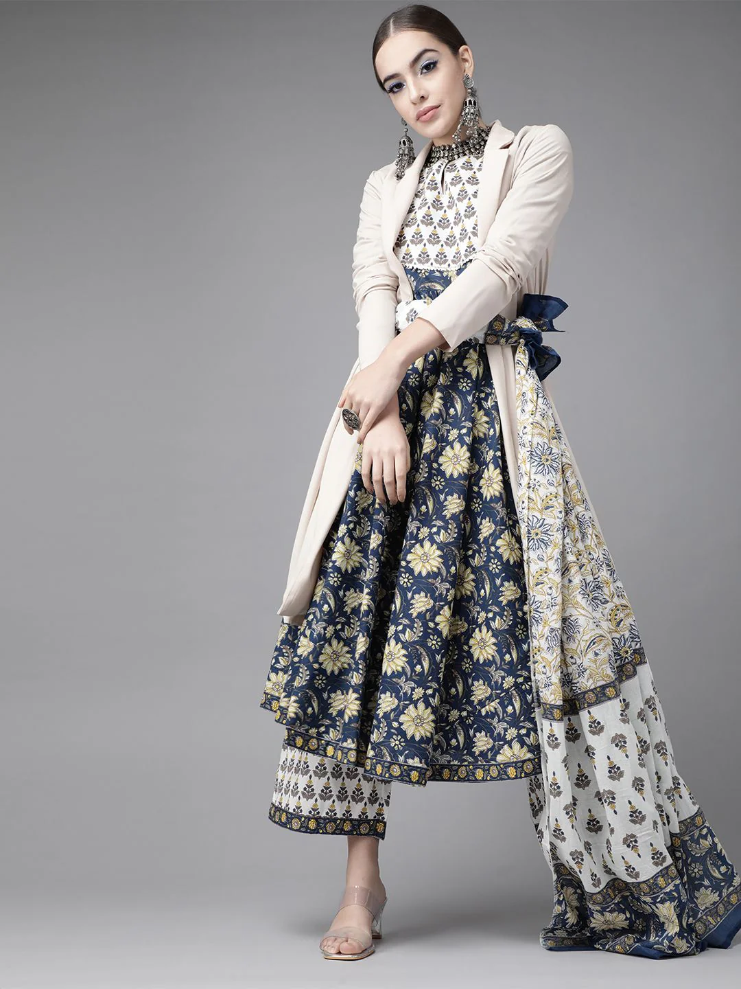 Libas Womens Blue Printed Cotton Anarkali Kurta With Palazzos & Dupatta - Image 2