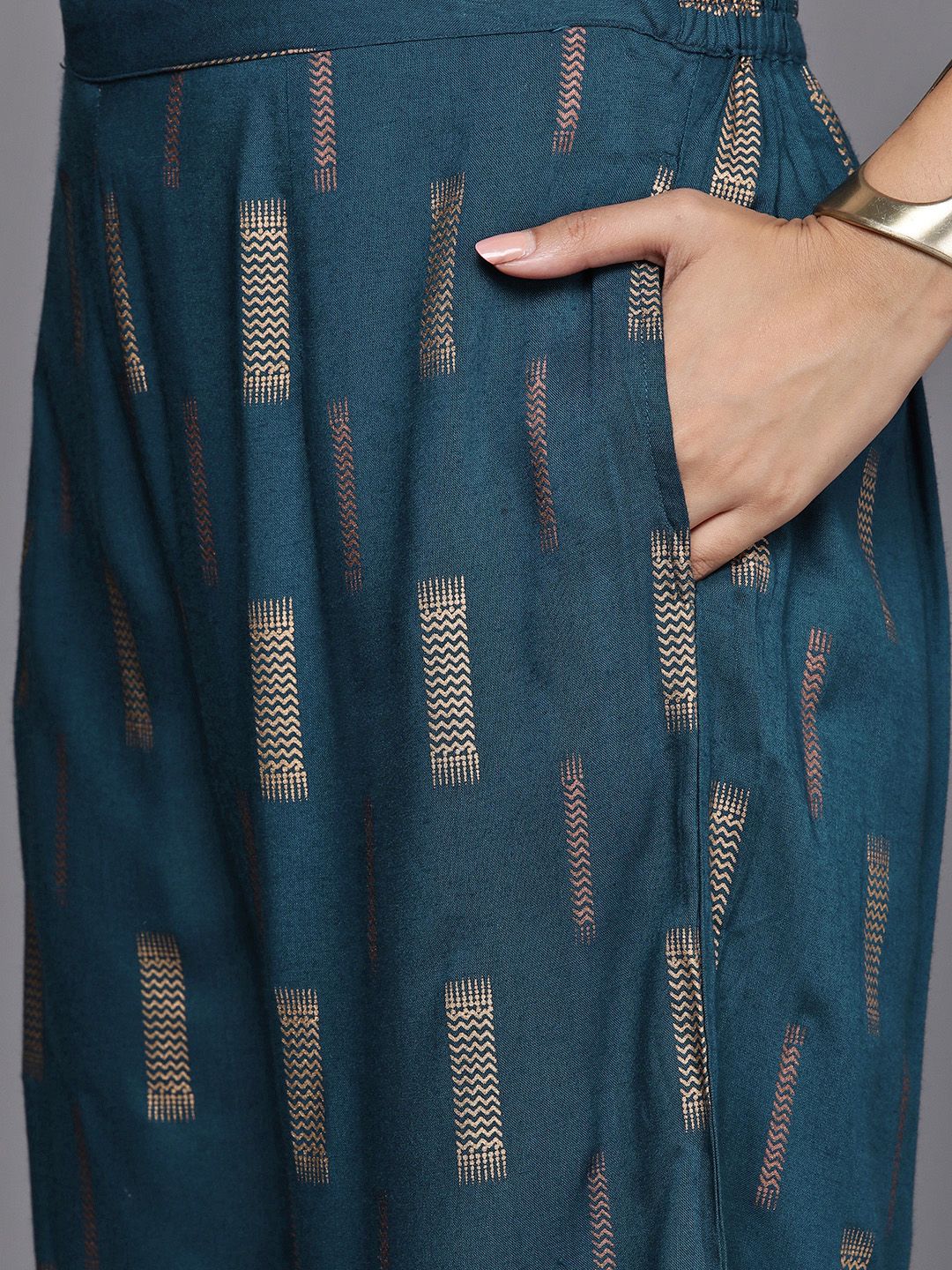 Libas Women Teal Blue & Golden Printed Kurta with Palazzos & Dupatta - Image 3