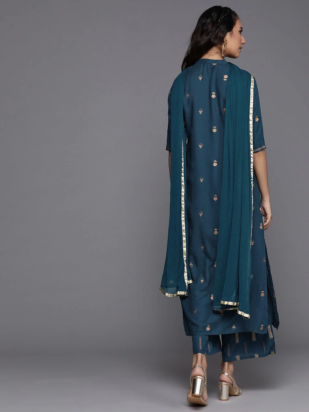 Libas Women Teal Blue & Golden Printed Kurta with Palazzos & Dupatta - Image 7