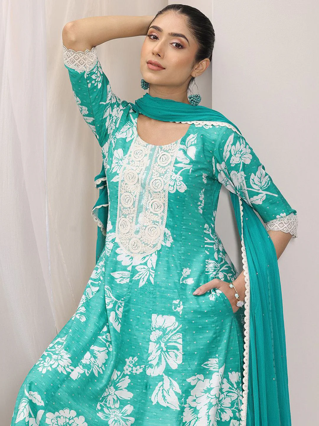 Libas Womens Blue Printed Anarkali Kurta With Trousers & Dupatta