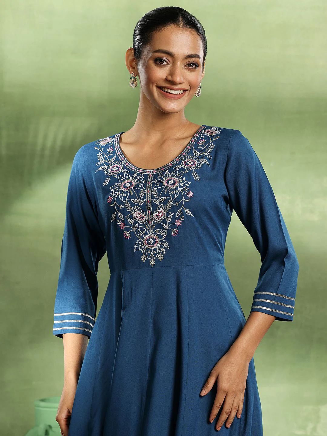 Libas Womens Teal Yoke Design Viscose Anarkali Kurta With Trousers & Dupatta - Image 3