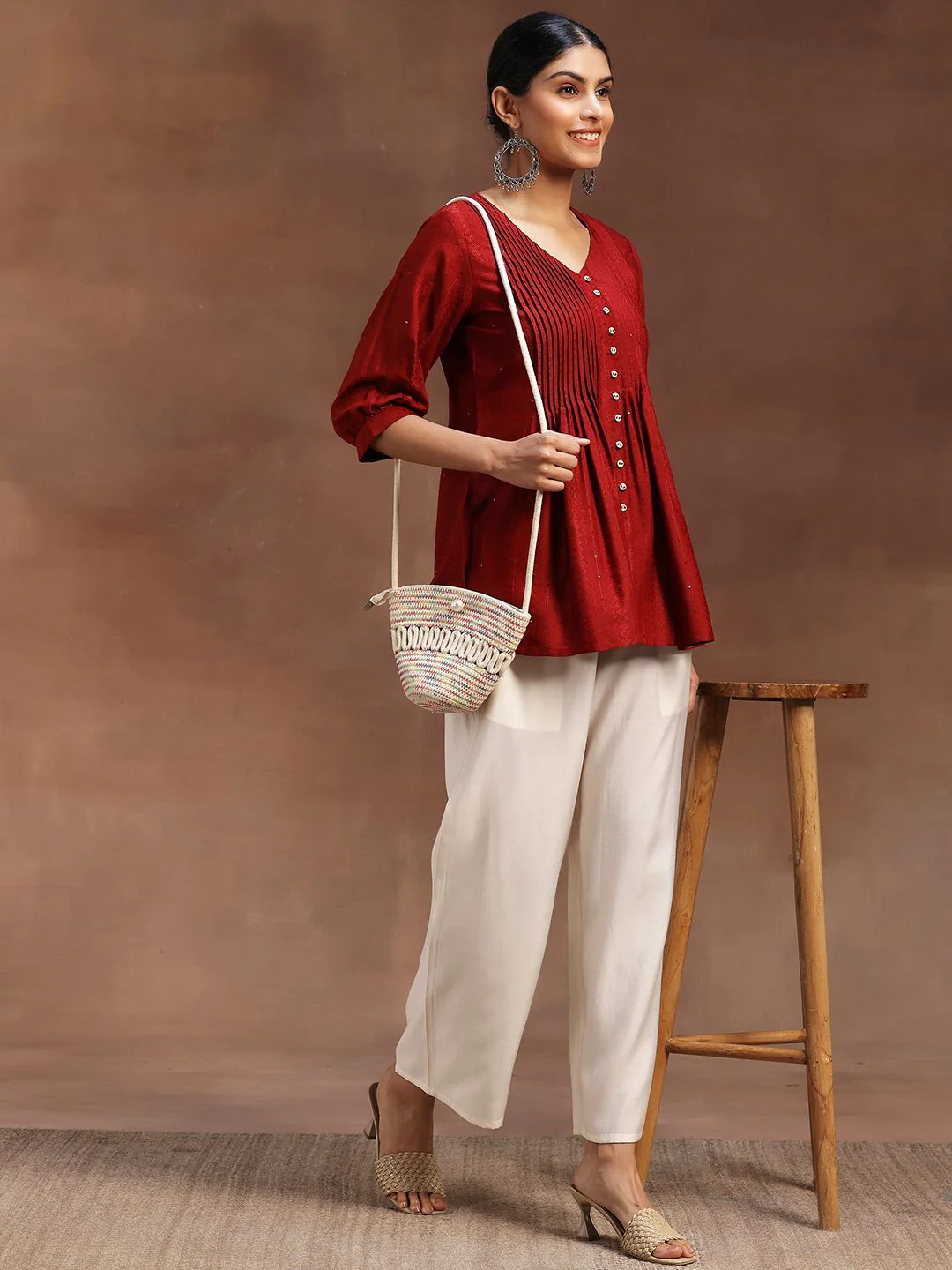 Libas Woven Design V-Neck Pleated Kurti - Image 6