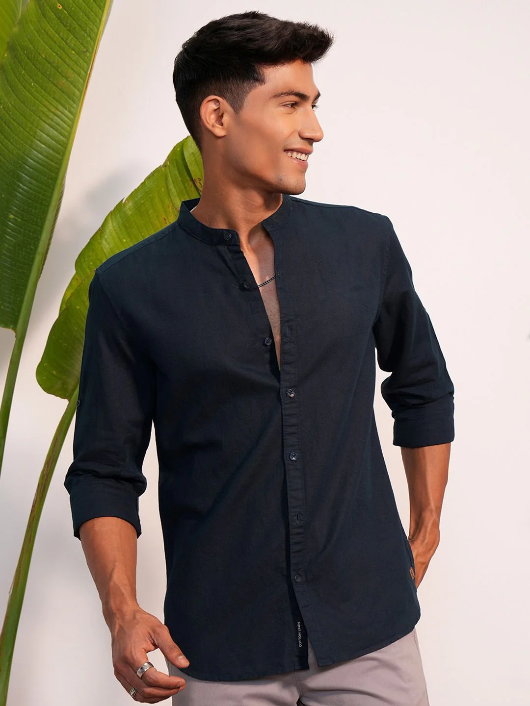 "Locomotive Premium Men Cotton Linen Solid Mandarin Collar Roll-Up Sleeve Casual Shirt"