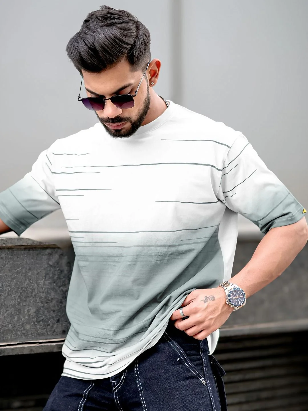 Maniac Men Abstract Printed Neck Cotton Oversized Tshirt - Image 3