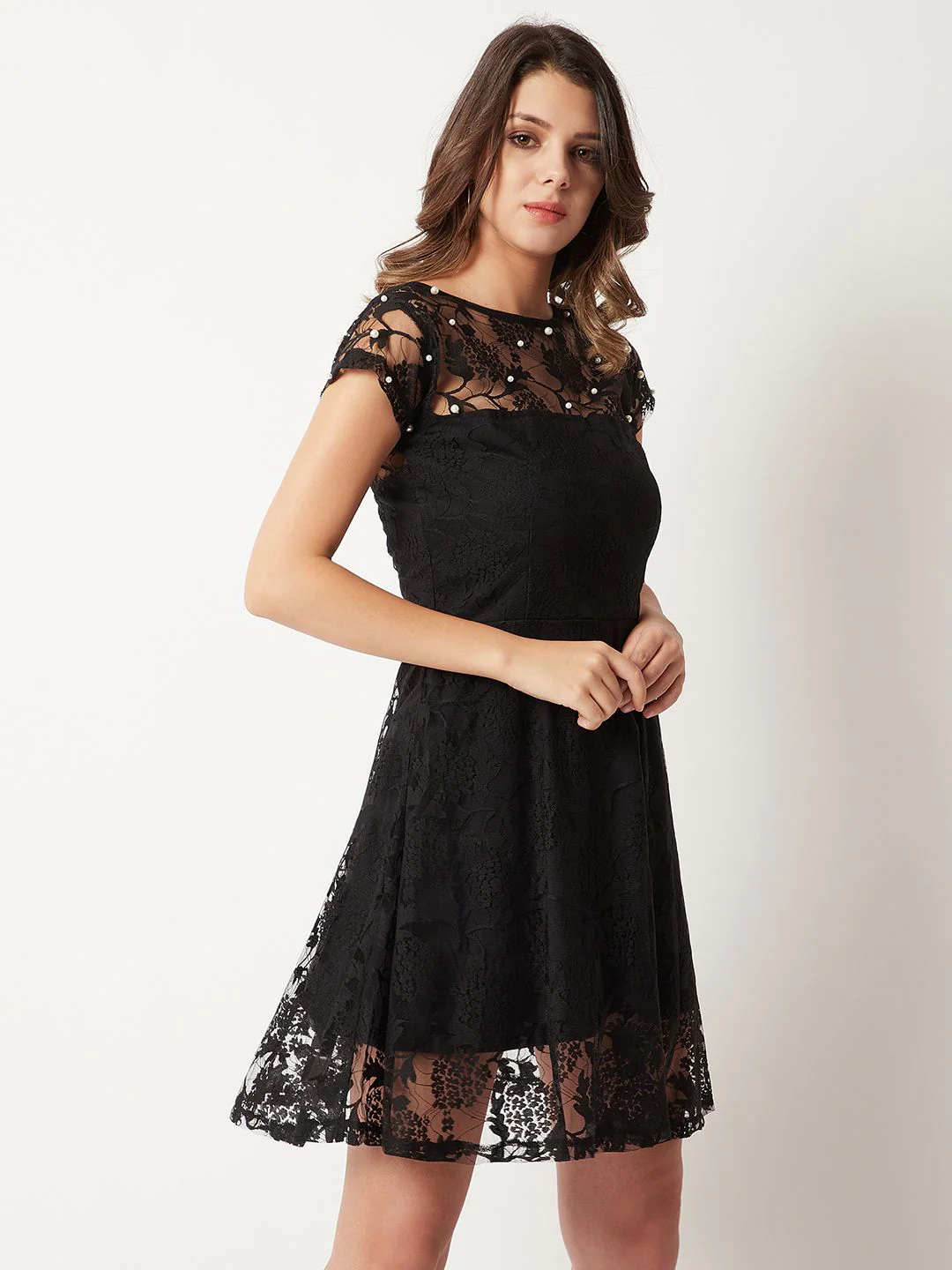 Miss Chase Black Lace Inserts Fit and Flare Dress - Image 3