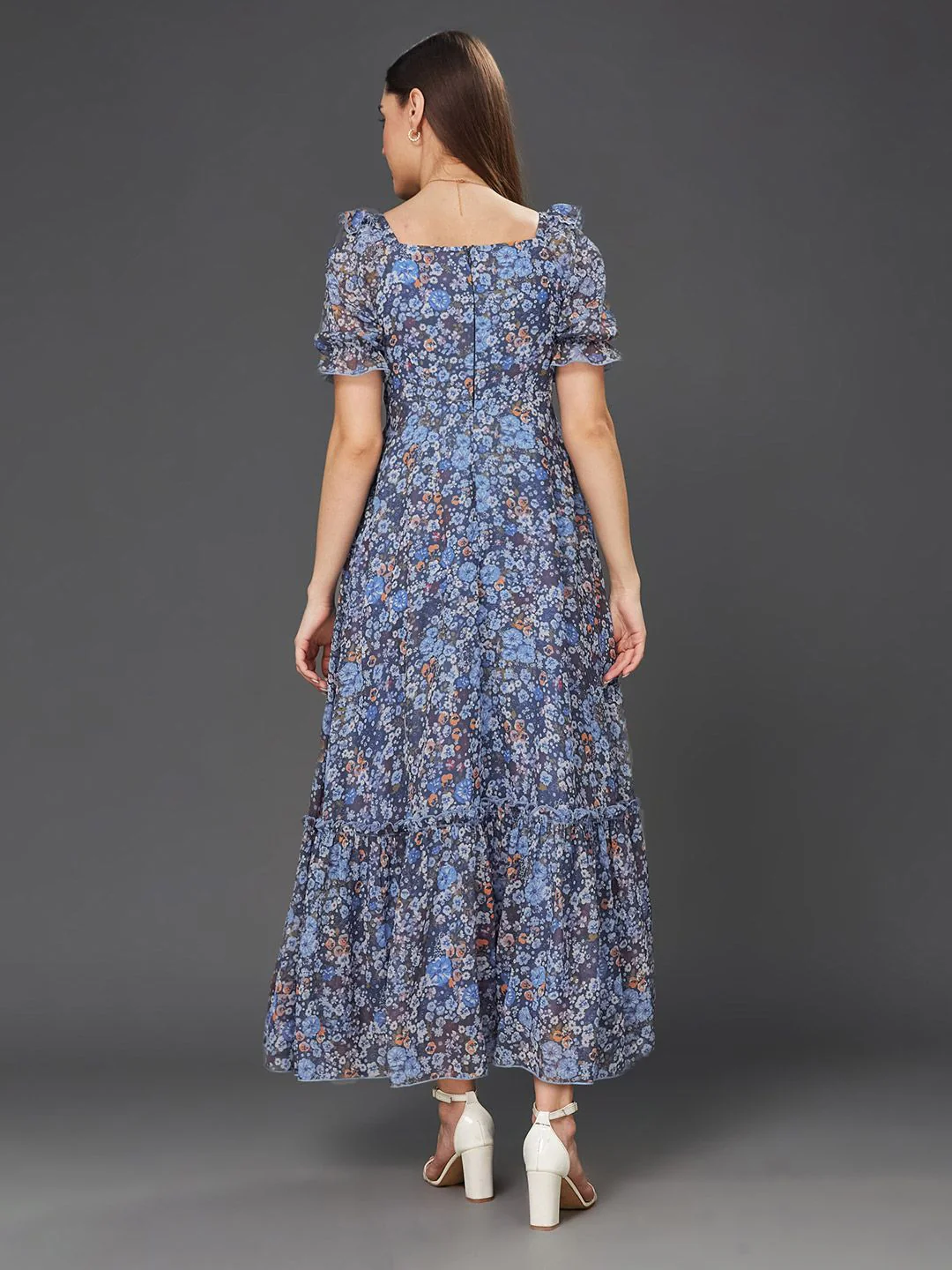 Miss Chase Floral Print Sweetheart Neck Puff Sleeve Georgette Fit & Flare Dress - Image 5