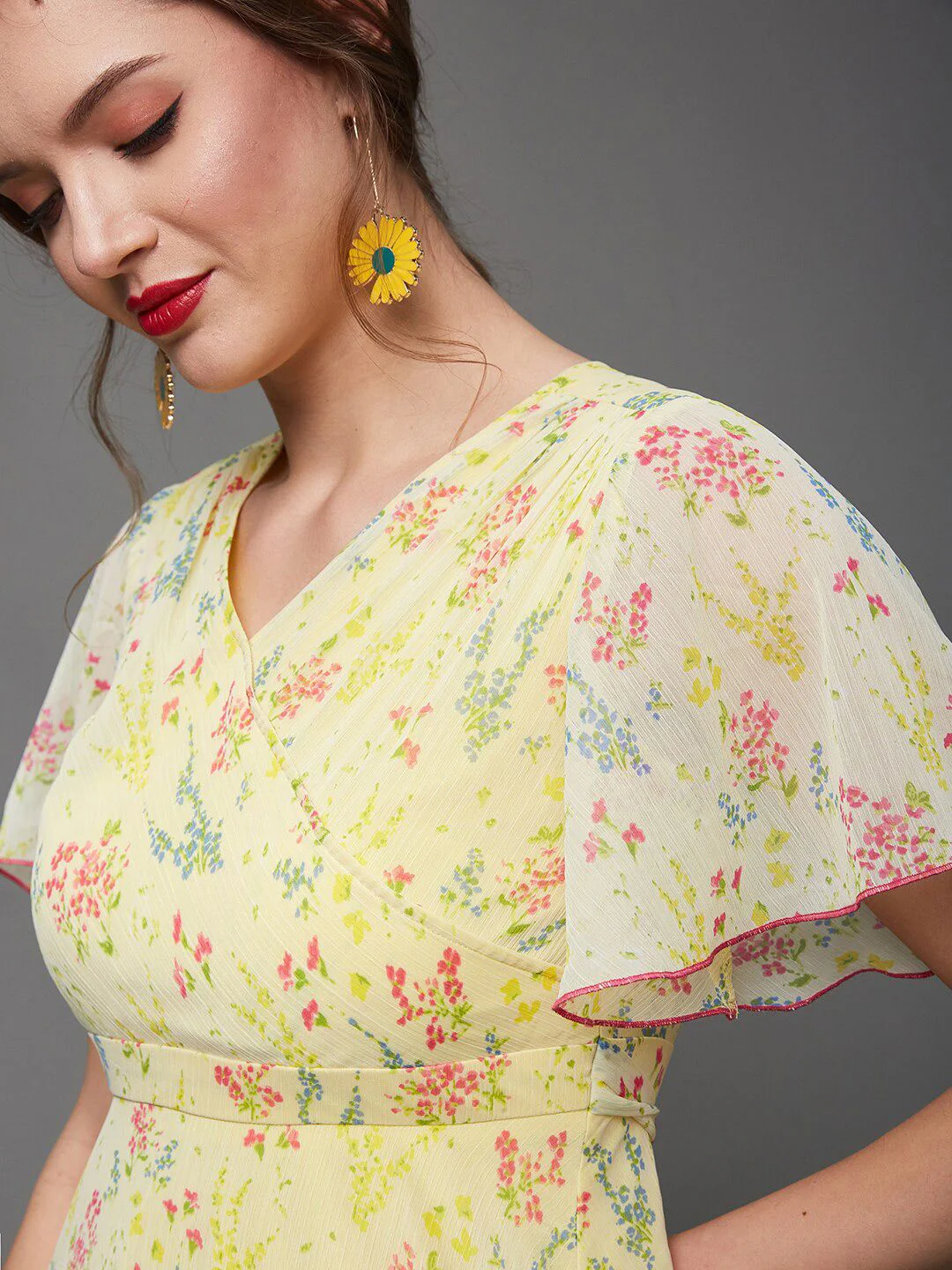 Miss Chase Floral Printed Flared Sleeves Chiffon A-Line Midi Dress - Image 3