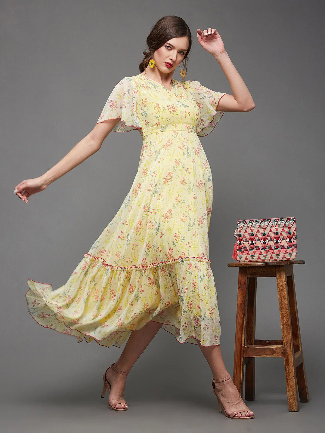 Miss Chase Floral Printed Flared Sleeves Chiffon A-Line Midi Dress - Image 4