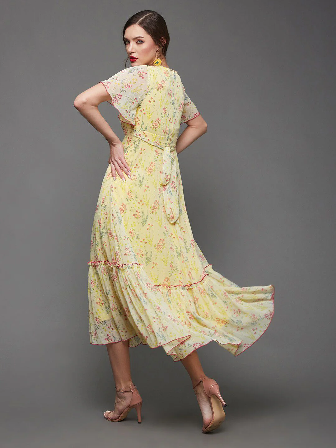 Miss Chase Floral Printed Flared Sleeves Chiffon A-Line Midi Dress - Image 5