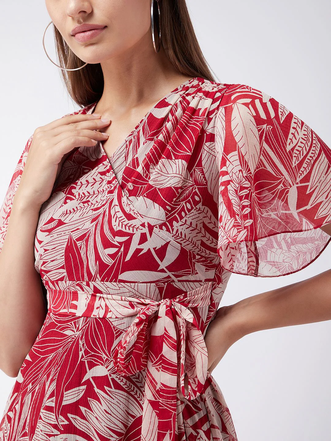 Miss Chase Maroon & Peach-Coloured Tropical Printed Gathered Chiffon Midi Dress - Image 2