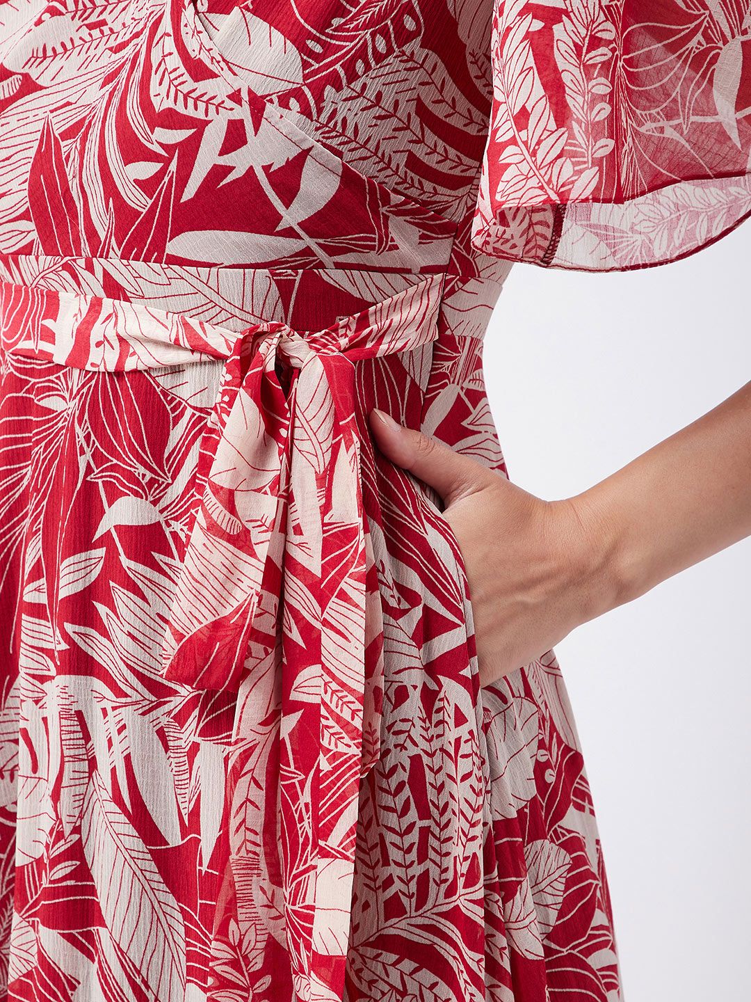 Miss Chase Maroon & Peach-Coloured Tropical Printed Gathered Chiffon Midi Dress - Image 6