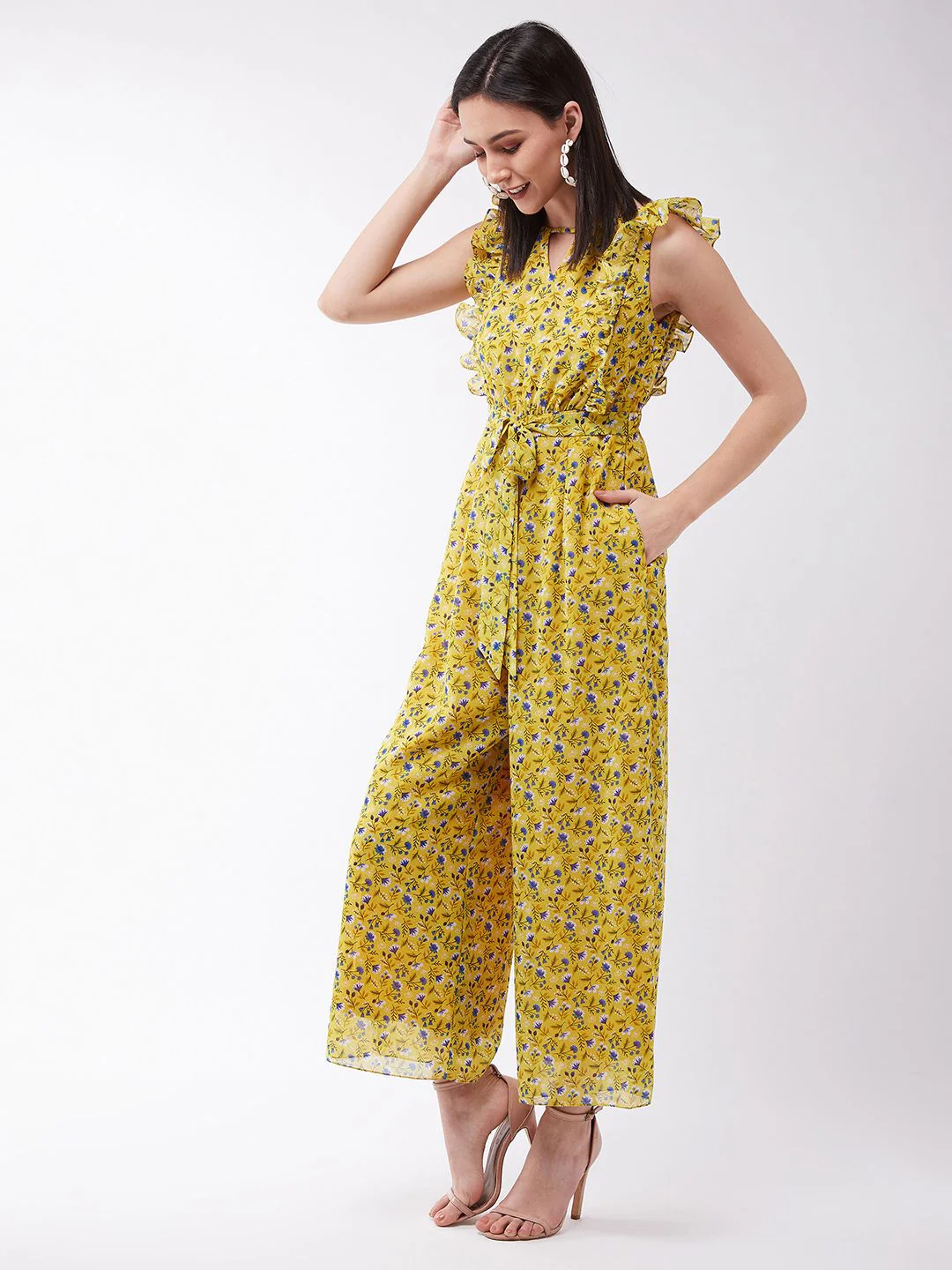 Miss Chase Women Floral Printed Frilled Round neck Sleeveless Wide Leg Regular Jumpsuit - Image 5