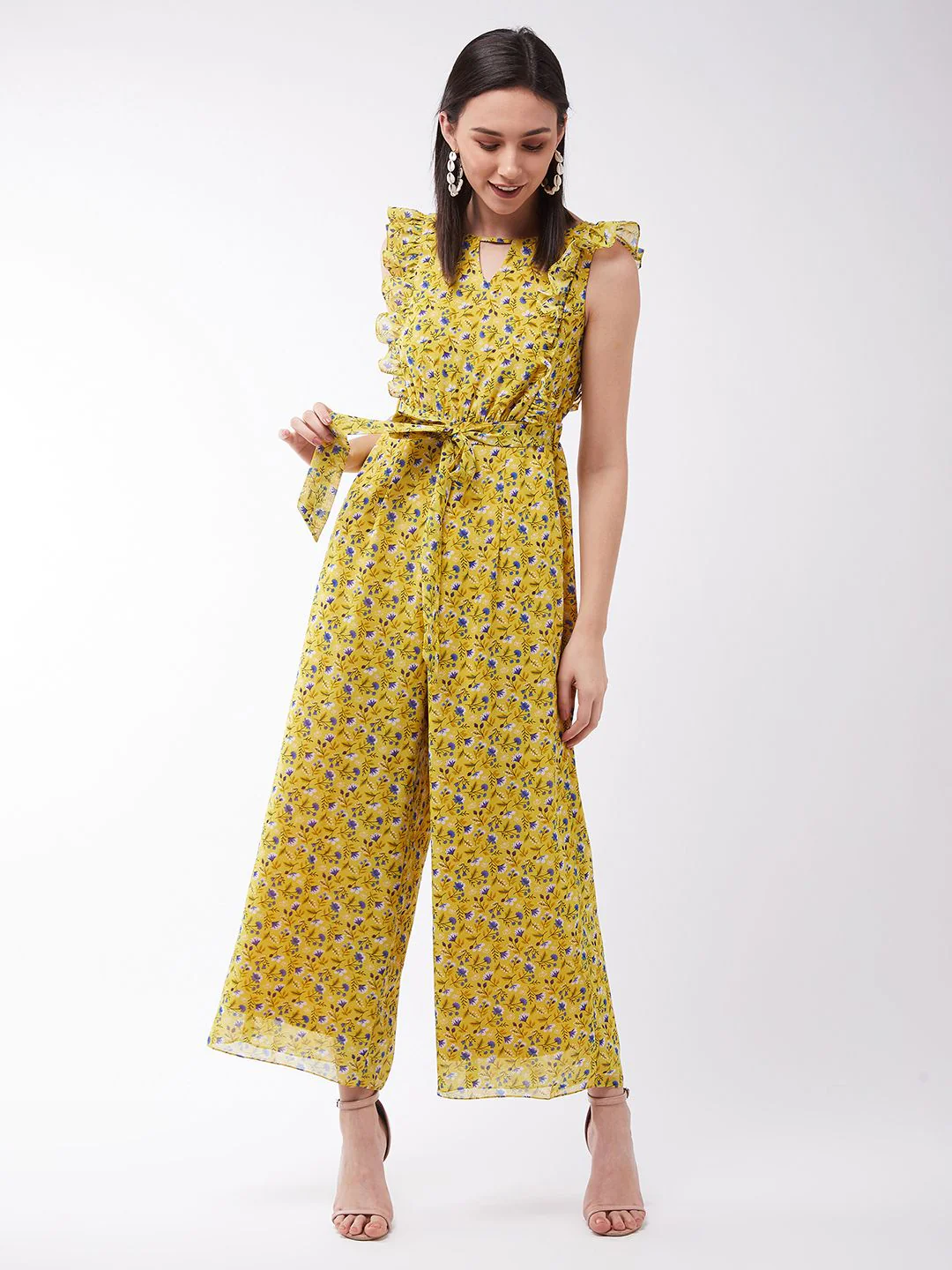 Miss Chase Women Floral Printed Frilled Round neck Sleeveless Wide Leg Regular Jumpsuit - Image 6