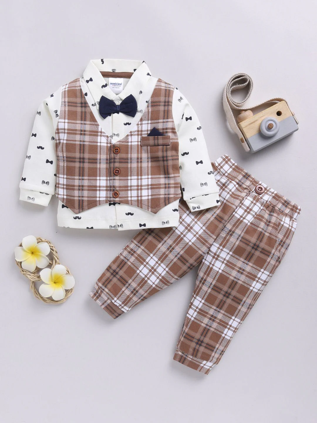 Moms Love Infant Boys Checked Pure Cotton Party Shirt & Trousers with Attached Waistcoat