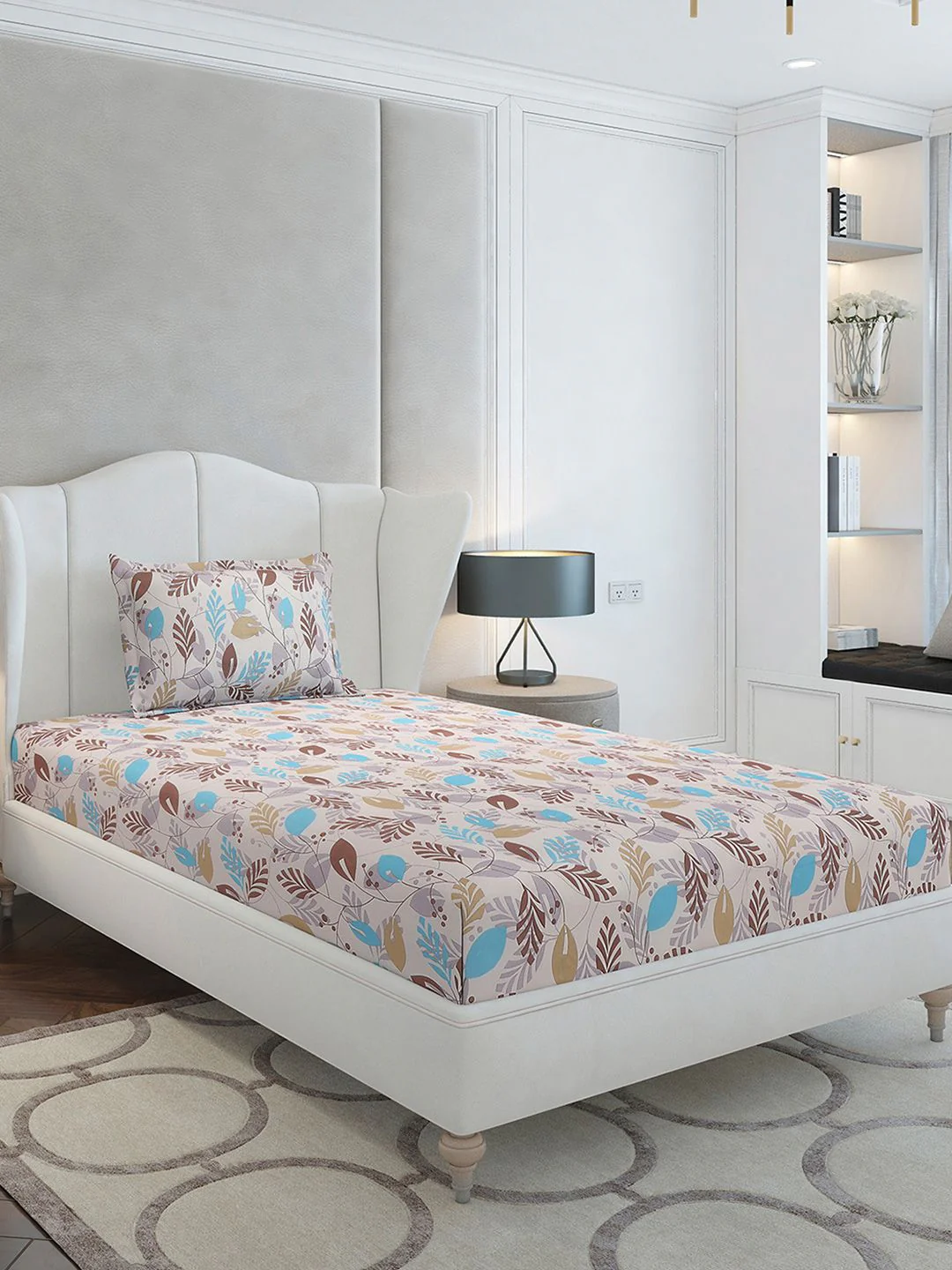 Monte Carlo Beige & Blue Floral Cotton 104 TC Single Bedsheet Set-2.24 m x 1.52 m