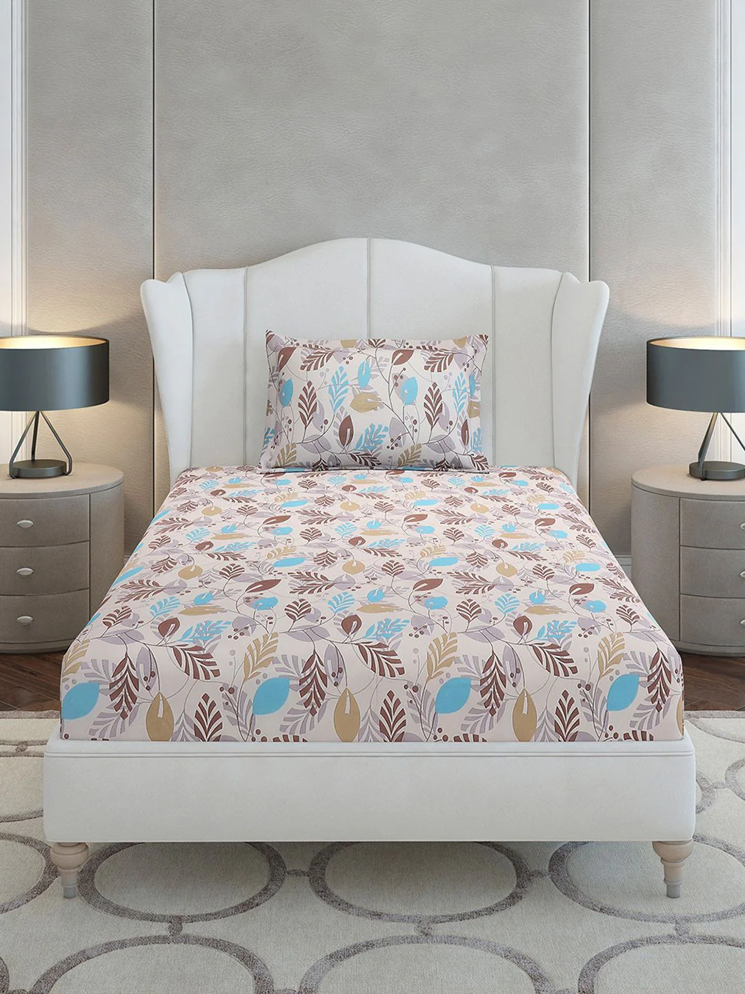 Monte Carlo Beige & Blue Floral Cotton 104 TC Single Bedsheet Set-2.24 m x 1.52 m - Image 2