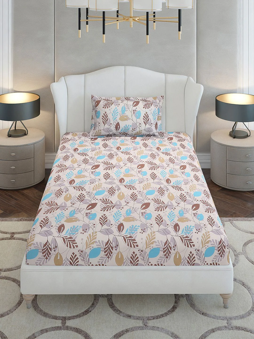 Monte Carlo Beige & Blue Floral Cotton 104 TC Single Bedsheet Set-2.24 m x 1.52 m - Image 3