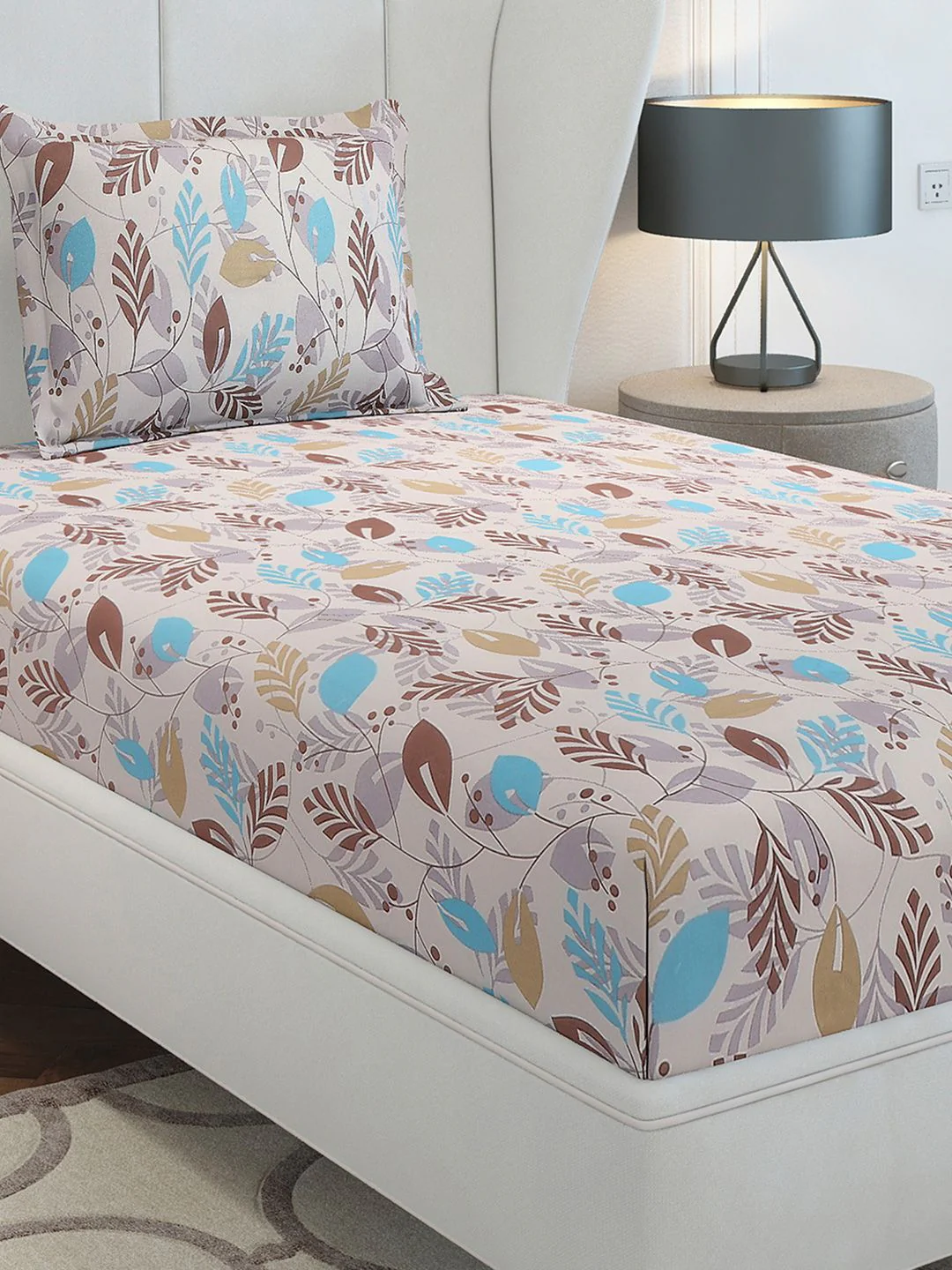 Monte Carlo Beige & Blue Floral Cotton 104 TC Single Bedsheet Set-2.24 m x 1.52 m - Image 5