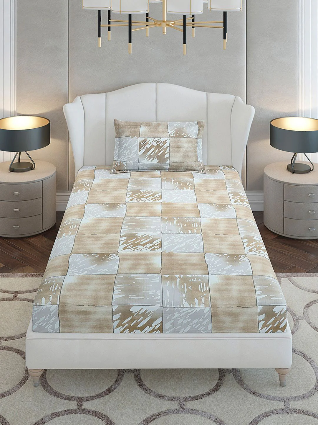 Monte Carlo Beige & Grey Geometric Printed Cotton 104 TC Single Bedsheet Set-2.24m x 1.52m - Image 3