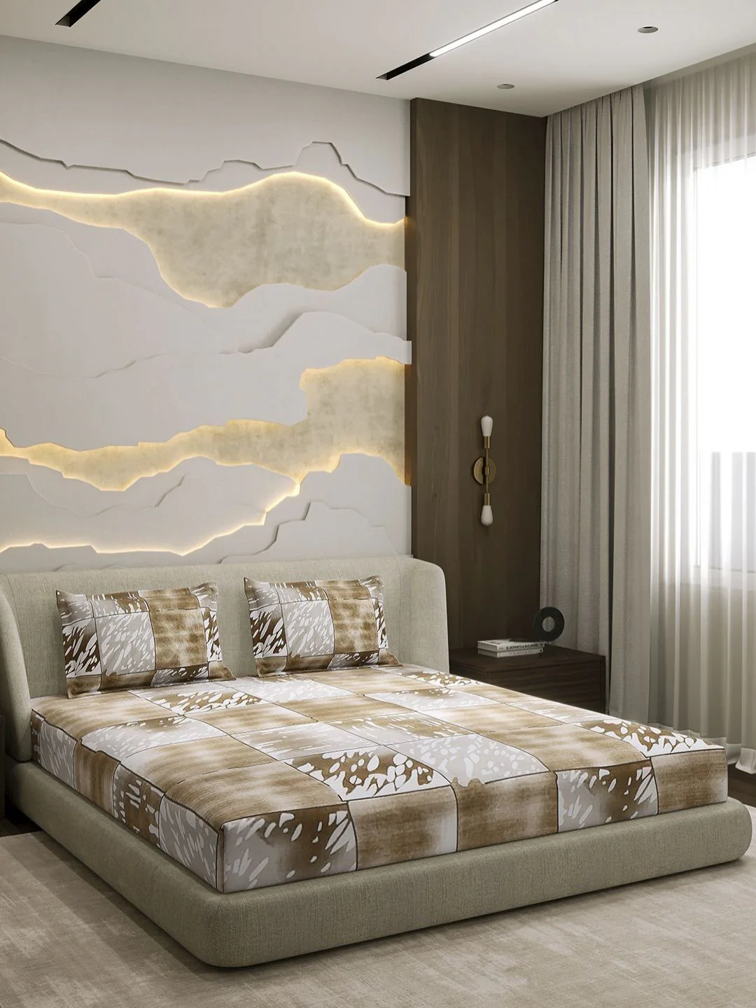 Monte Carlo Beige & White Printed Cotton 104 TC Queen Bedsheet Set 2.24 cm x 2.54 cm - Image 4